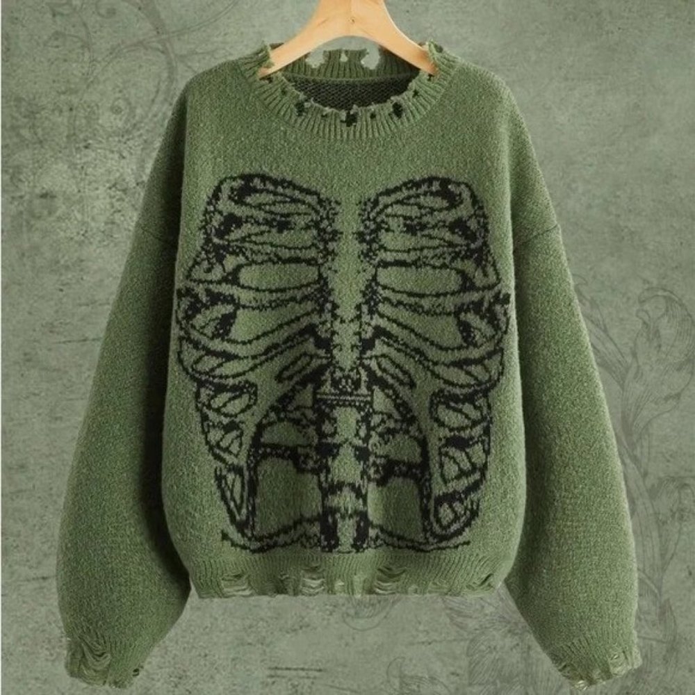 Skeleton Pattern Distressed Sweater - image 1